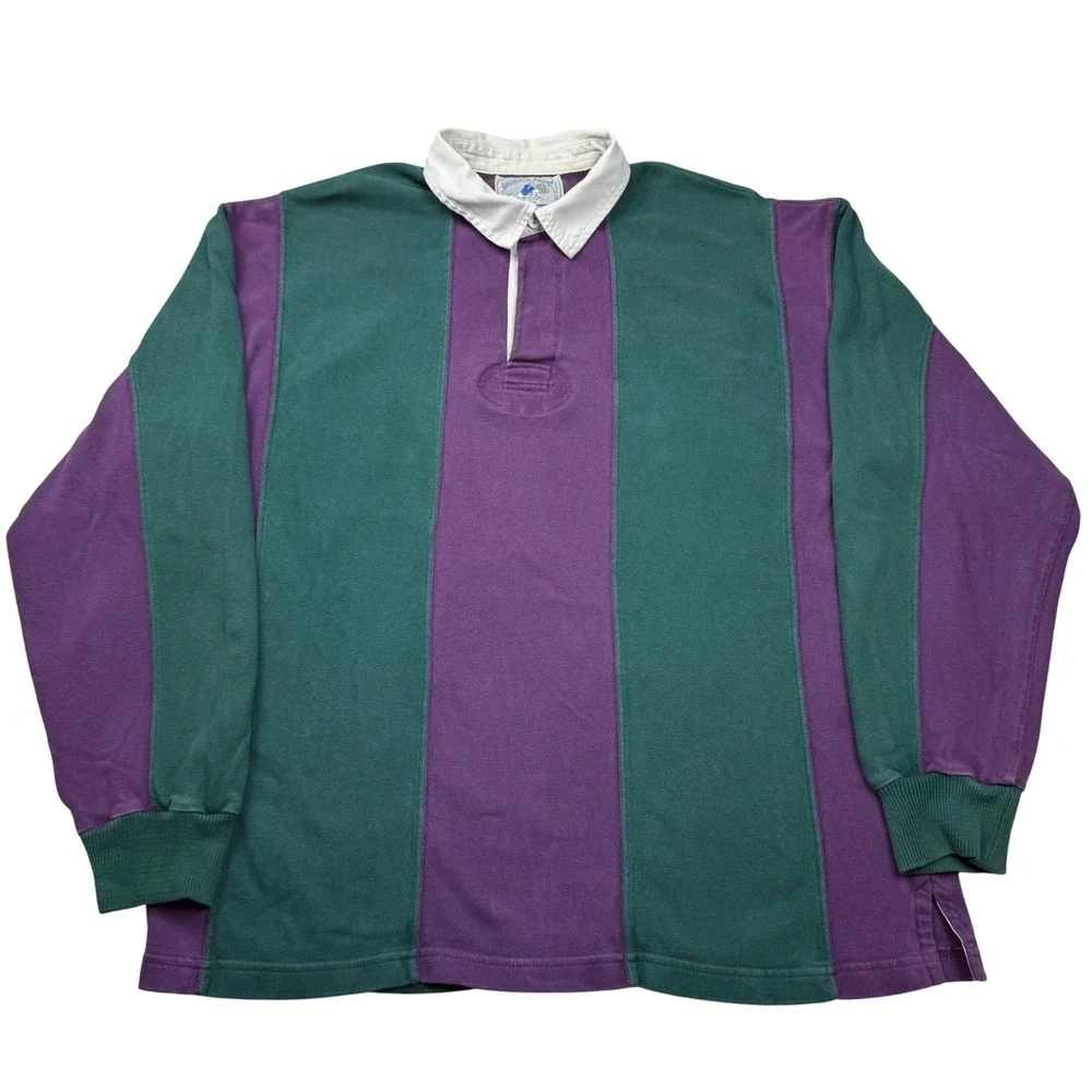 Vintage Lands End Rugby Shirt Men Large Purple Green Striped Made in USA 80s 90s